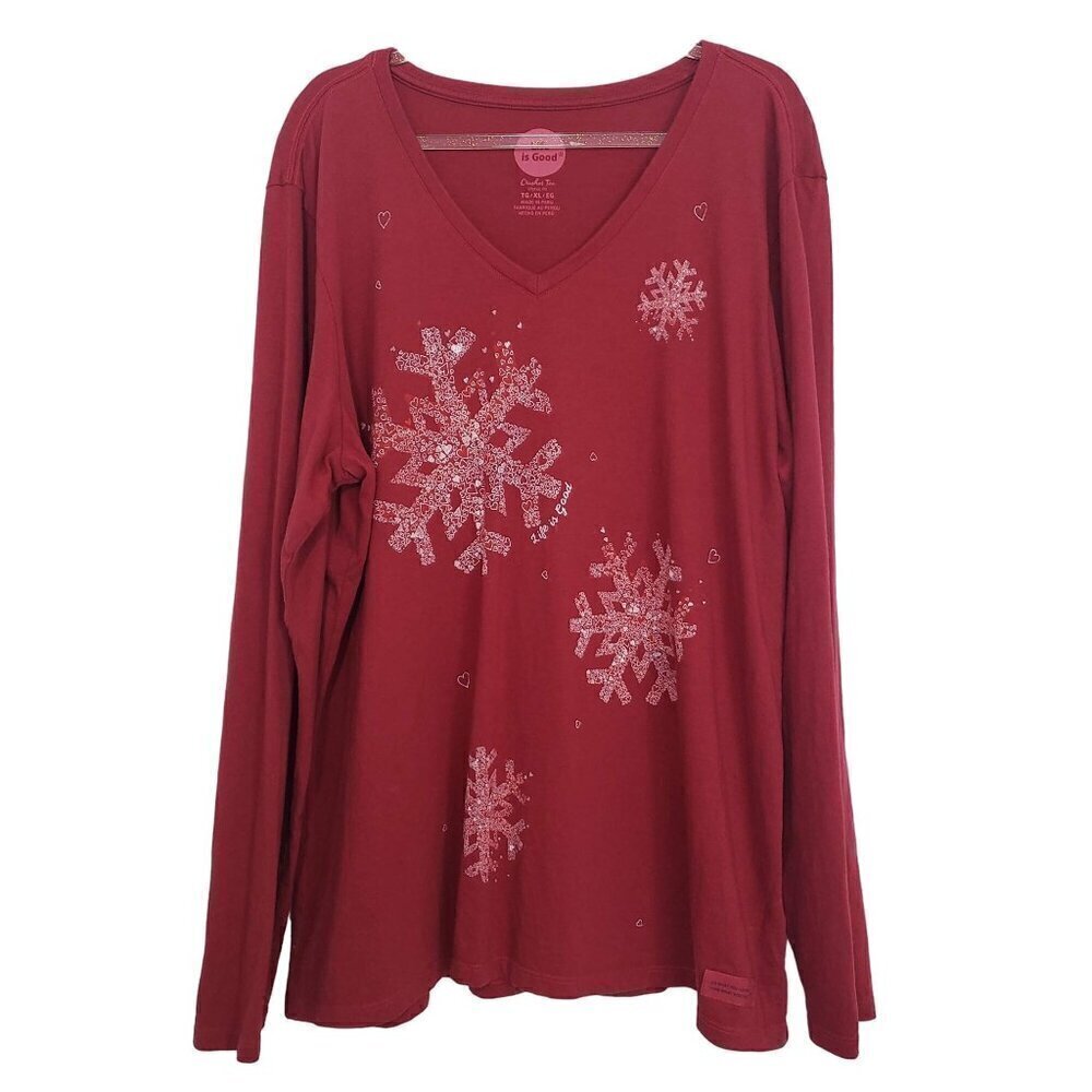 Life is Good Crusher Tee Snowflake Hearts Cotton Red Long Sleeve Womens Size XL - Picture 2 of 12